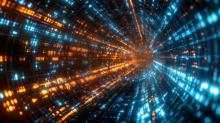 Fototapeta premium Abstract Digital Tunnel: A Journey Through the Network's Core. Exploring the mesmerizing world of data streams and technological innovation.
