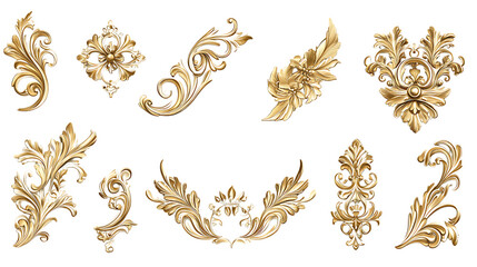 Collection set of golden corner ornaments isolated on transparent or white background