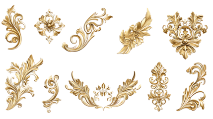 Collection set of golden corner ornaments isolated on transparent or white background