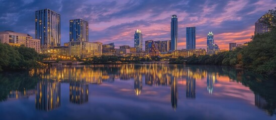 Fototapeta premium Twilight cityscape showcasing skyscrapers in blue and gold hues with vibrant reflections in calm water at dusk enhancing urban beauty