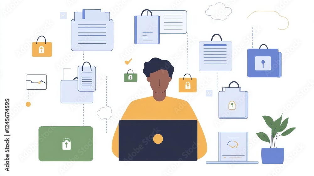 Poster secure data management concept with person using laptop and symbols