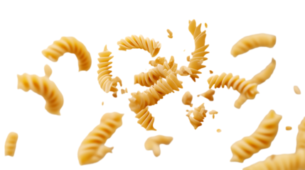 Flying fusilli pasta pieces caught in midair, isolated against a transparent background, highlighting their unique twists and curves