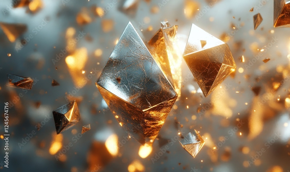 Poster abstract 3d composition of floating shards with metallic textures., generative ai