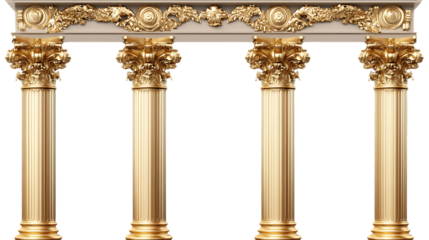 Golden columns, Classic antique gold pillars isolated on transparent background