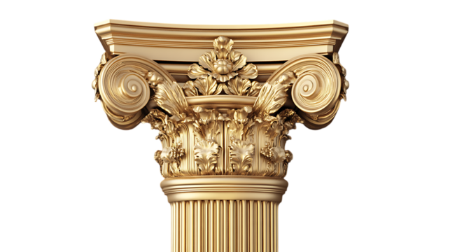 Golden columns, Classic antique gold pillars isolated on transparent background