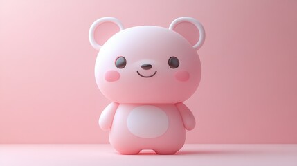 Naklejka premium Cute pink bear toy with a smiling face and rounded features on a soft pink background.