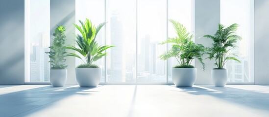Bright open space office with large windows showcasing vibrant green potted plants enhancing a fresh and inviting work environment with natural light.
