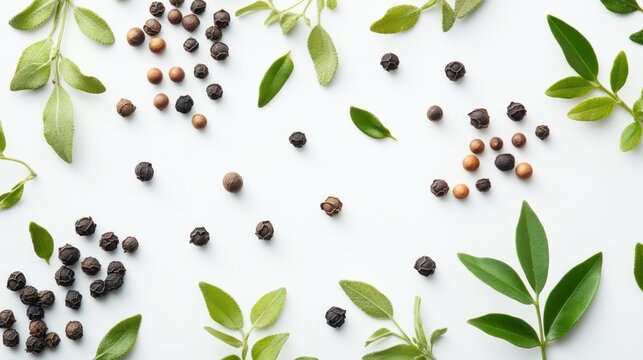A detailed close-up of whole spices from various countries, including cumin seeds, black peppercorns, and curry leaves, on a white backdrop