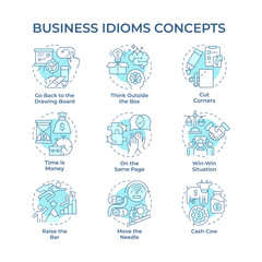 Business idioms soft blue concept icons. Workflow organization. Teamwork management. Icon pack. Vector images. Round shape illustrations for infographic, presentation. Abstract idea