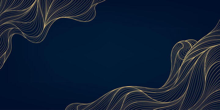 Vector art deco fancy background. Gold on blue abstract wave pattern, curve elegant banner, premium graphic texture, flow ornament, frame