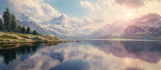 Obraz premium Tranquil lake reflecting majestic mountains under soft pastel skies with lush green shores and serene ambiance capturing nature's beauty.