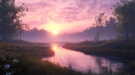 Obraz premium sunset over the river springtime 