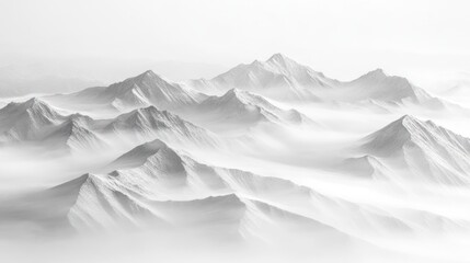 Obraz premium A dramatic composition of mist-covered mountain peaks, with layers of snow and fog intertwining to create a surreal, dreamlike scenery
