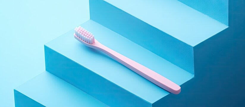 Minimalist pink toothbrush positioned on pastel blue steps creates a striking visual contrast highlighting simplicity and soft color harmony.