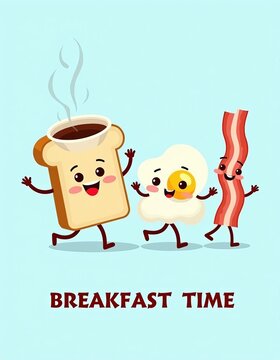 Naklejki Happy Breakfast Crew: Toast, Egg, and Bacon Ready for a Morning Adventure