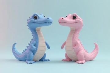 Two cute cartoon-like dinosaur figures in blue and pink against a pastel background.