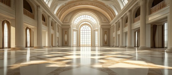 Fototapeta premium Spacious and open hall with high ceilings showcasing large arched windows and reflective marble flooring illuminated by natural light