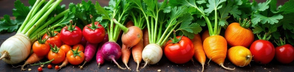 Assortment of colorful root and leafy vegetables , background, produce