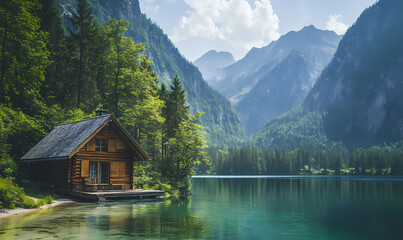 Fototapeta premium Cabin on the Shore of a Lake Surrounded by Forests for a Secluded, Nature-Filled Retreat