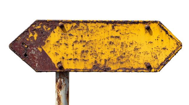 Rusty yellow road sign arrow pointing left isolated on transparent or white background