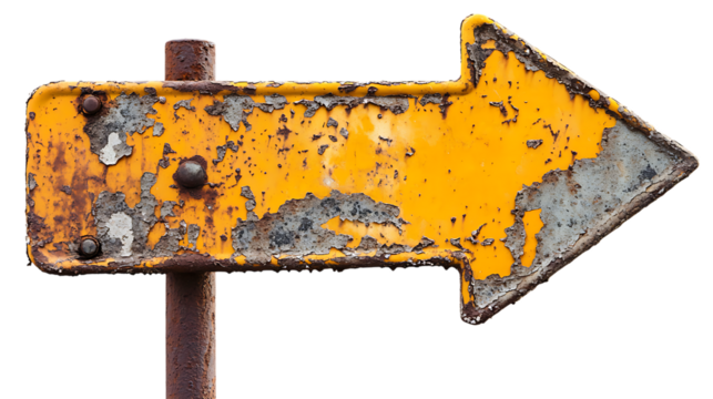 Rusty yellow road sign arrow pointing left isolated on transparent or white background