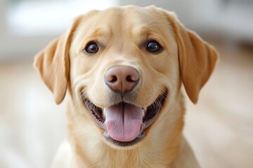 Smiling Labrador Retriever sitting on a white background, front view. Happy dog portrait with joyful expression.