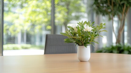 Fototapeta premium Office flowers, light wood table, green background, modern workspace