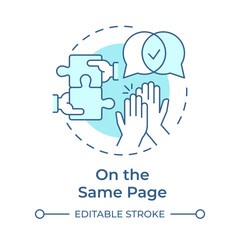 On the same page soft blue concept icon. Teamwork puzzle. Collaboration, together. Round shape line illustration. Abstract idea. Graphic design. Easy to use in infographic, presentation