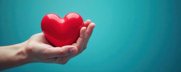Fototapeta premium A gentle hand cradles a vibrant red heart against a serene blue backdrop , empathy, symbol