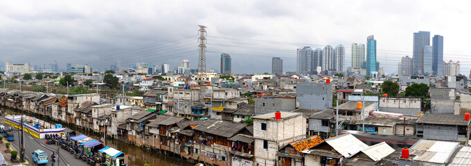Shantytown, slum area, crowded residential area in Jakarta