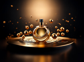 Elegant golden perfume bottle on a reflective plate, surrounded by floating gold spheres against a dark backdrop.  Luxury and sophistication are evoked by the warm, gleaming tones.
