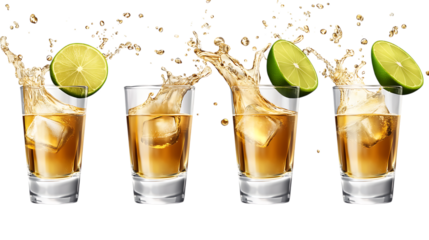 Transparent PNG available Glasses shot of tequila making toast with splash isolated on trasparent or white background