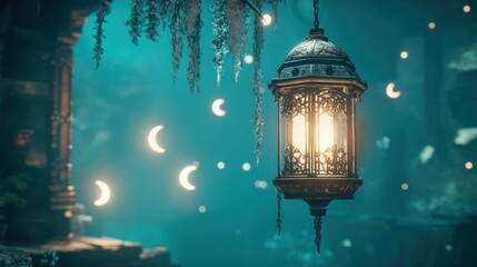 Ornate Ramadan Lantern with Mystical GlowDecorative Lantern with Candle and Bokeh Lights