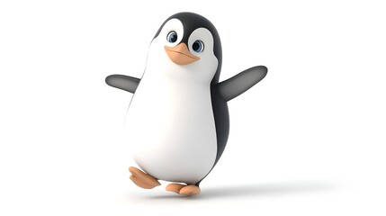 Fototapeta premium Cute cartoon penguin happily waddling on a white background, perfect for children's media and illustrations