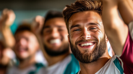 Fototapeta premium A joyful man smiling in a lively, celebrating crowd at a sports event.