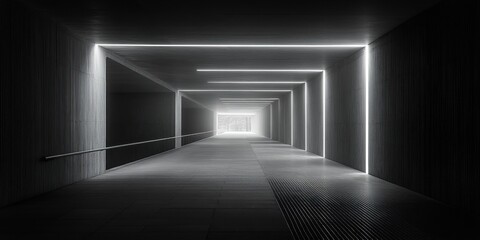 Fototapeta premium Long minimalistic hallway with light at the end and abstract zen design elements in the decor