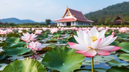 Cultural iconic Thailand, A serene landscape featuring a blooming lotus flower in a pond, surrounded by lush greenery and a traditional building in the background.