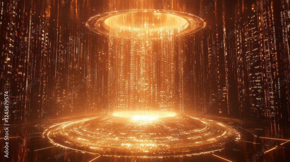 Poster glowing data stream with futuristic circular structure and lights
