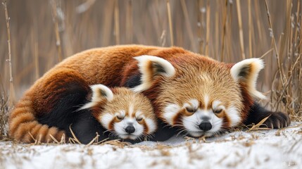 Fototapeta premium Adorable Red Pandas Snuggling in Winter Wonderland