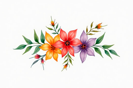 Romantic watercolor floral arrangement with pink, blue and orange flowers and green foliage on a white background 