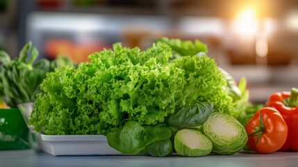 Fresh greens and peppers on a kitchen counter, showcasing the vibrant colors of healthy, organic produce.
