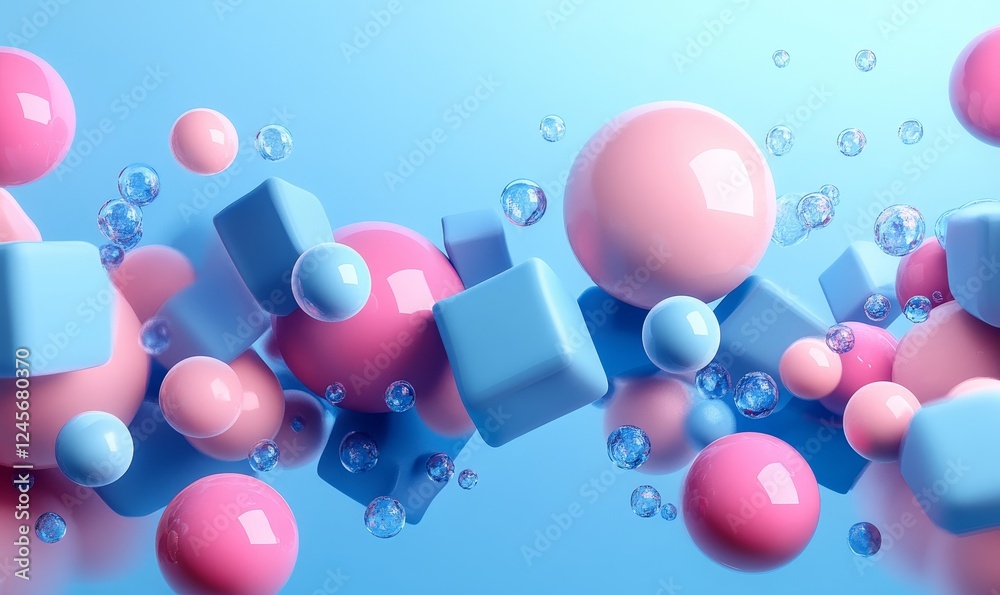Poster abstract 3d composition of cubes and spheres in dynamic arrangement., generative ai