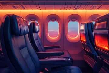Two empty airplane seats in soft lighting. Dawn in the airplane window. Airplane cabin interior.