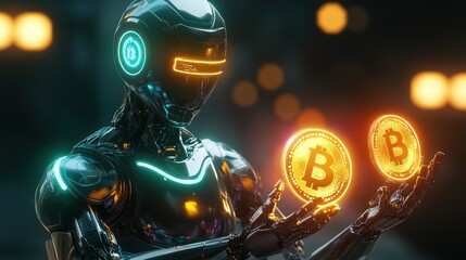 A highly advanced AI robot, glowing with neon accents, grasping glowing blockchain cryptocurrency coins in its hands