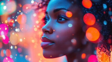 Fototapeta premium Woman, profile, bokeh, lights, colorful, night.