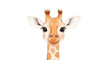 Obraz premium Cheerful giraffe portrait with bright eyes, set against a clean white background, ideal for children's themes