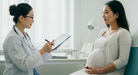 Obraz premium Doctor consulting with a pregnant woman in a bright clinic, discussing health and wellness