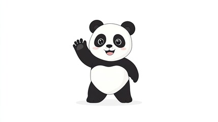 Naklejka premium Cute cartoon panda waving cheerfully, set against a simple white background, ideal for children's media