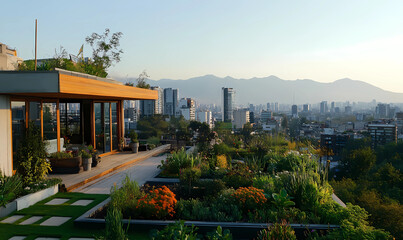 Obraz premium House with a Rooftop Garden Overlooking the City for Sustainable and Luxurious Living