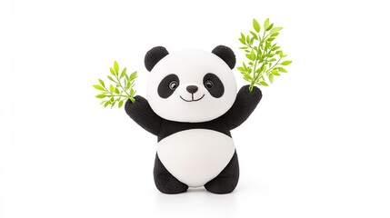 Obraz premium Cute plush panda holding green leaves, symbolizing nature and conservation in a bright setting